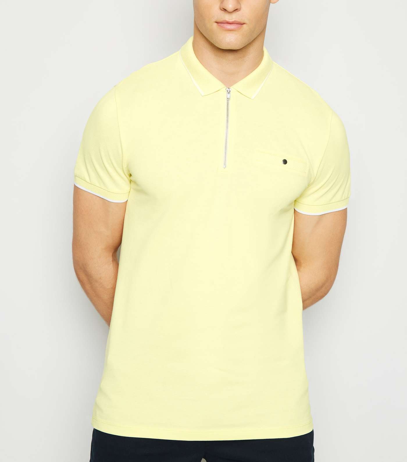 Pale Yellow Tipped Zip Front Polo Shirt