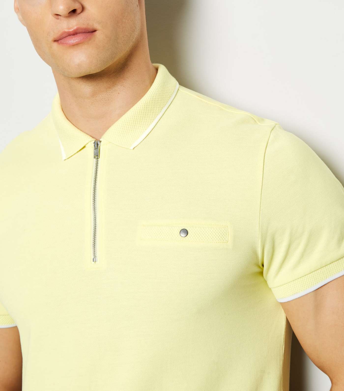 Pale Yellow Tipped Zip Front Polo Shirt Image 5