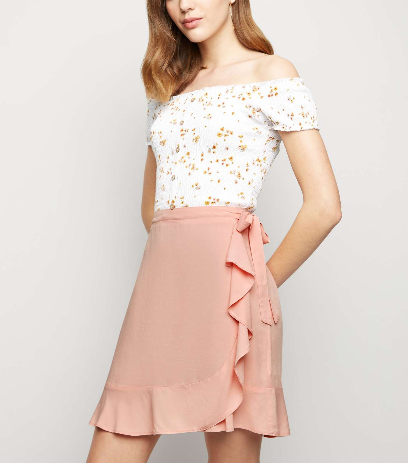 Pink Ruffle Front Wrap Mini Skirt
