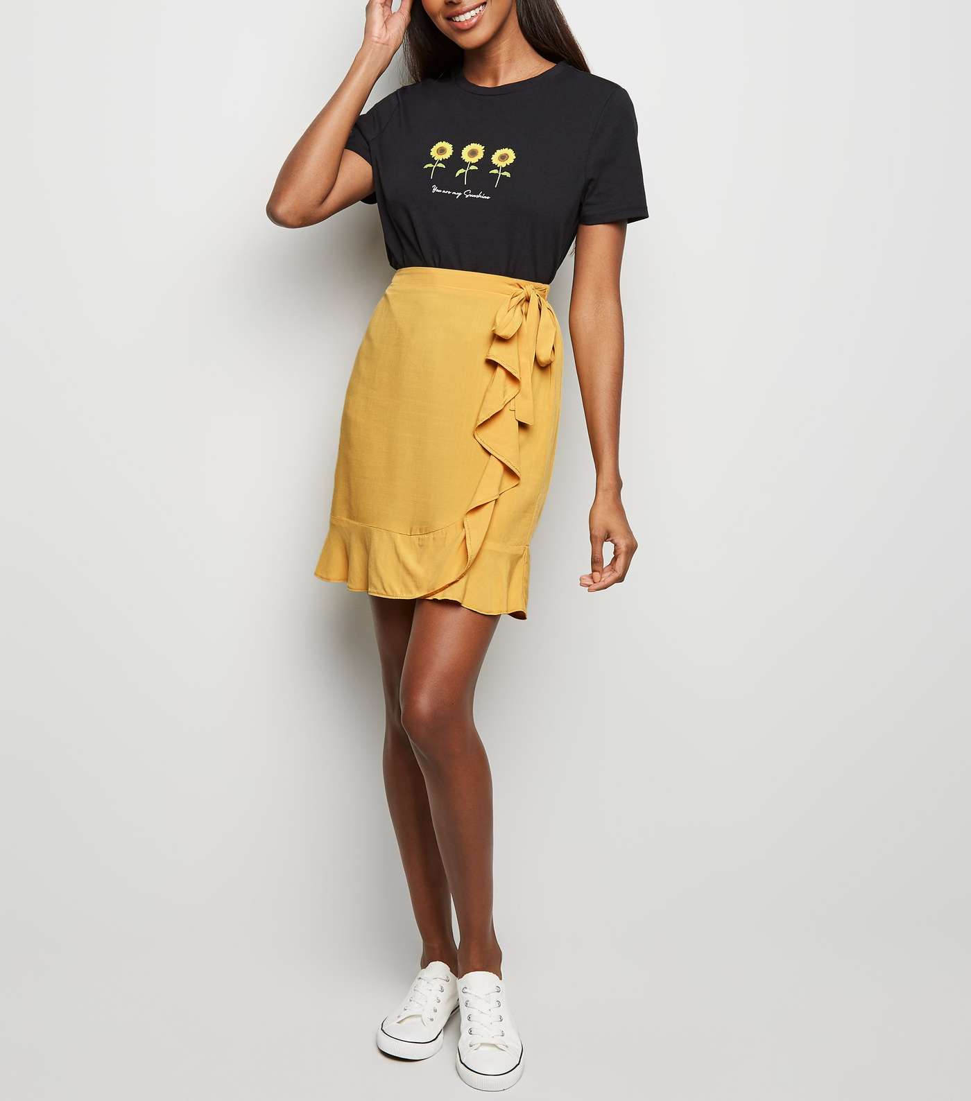 Mustard Ruffle Front Wrap Mini Skirt