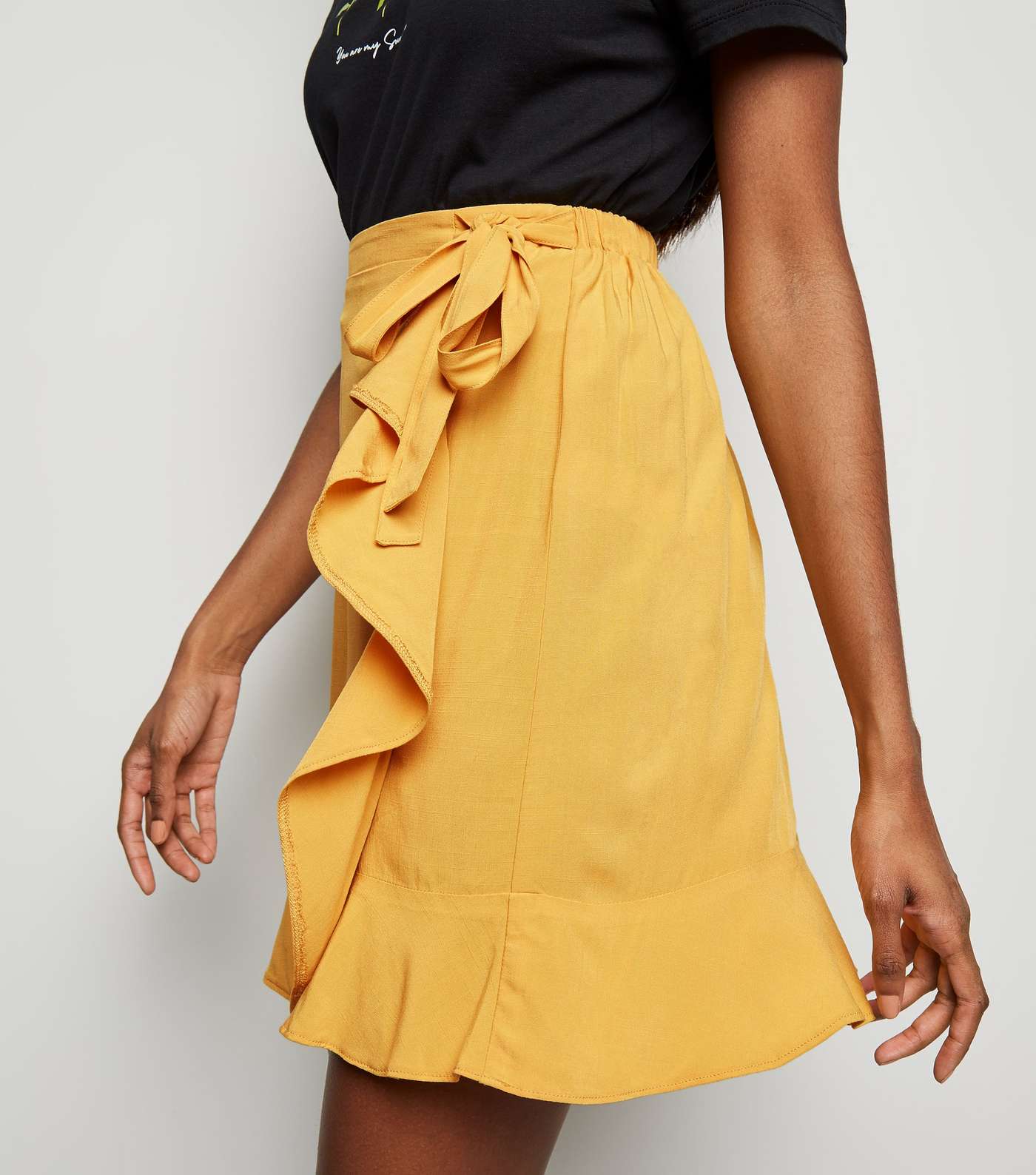 Mustard Ruffle Front Wrap Mini Skirt Image 5