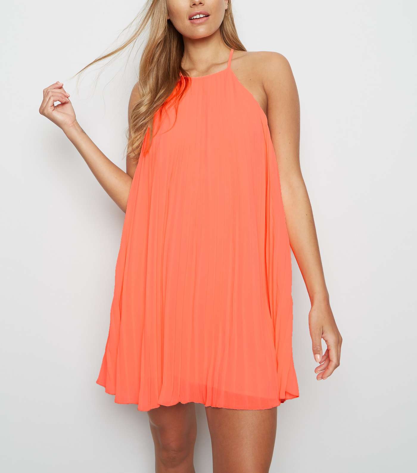 Coral Neon Pleated Halterneck Shift Dress