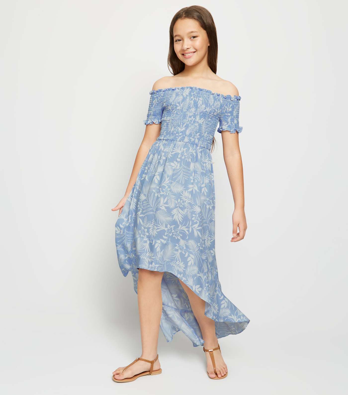 Girls Blue Floral Shirred Dip Hem Maxi Dress Image 3