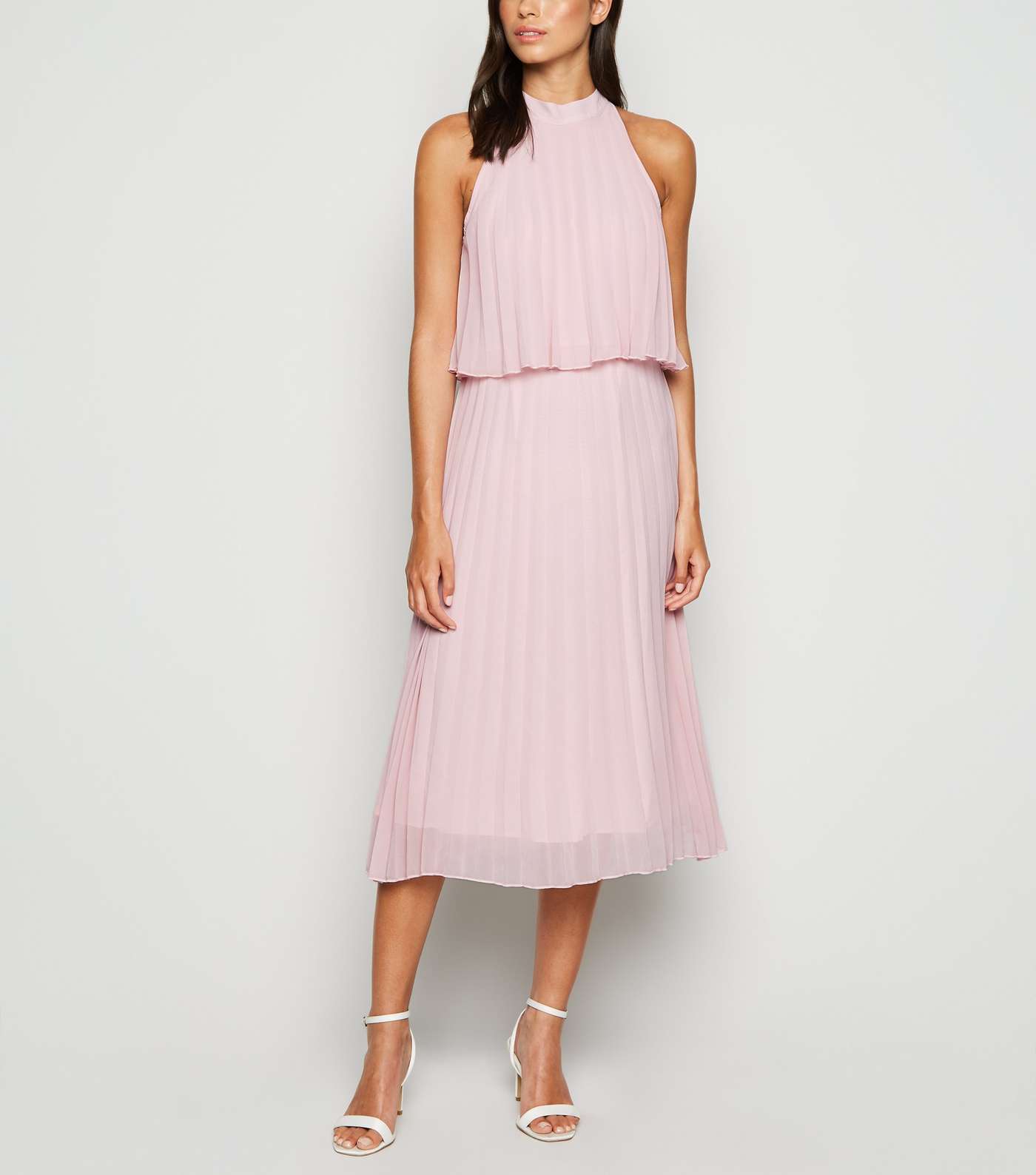 Pale Pink Halterneck Pleated Midi Dress