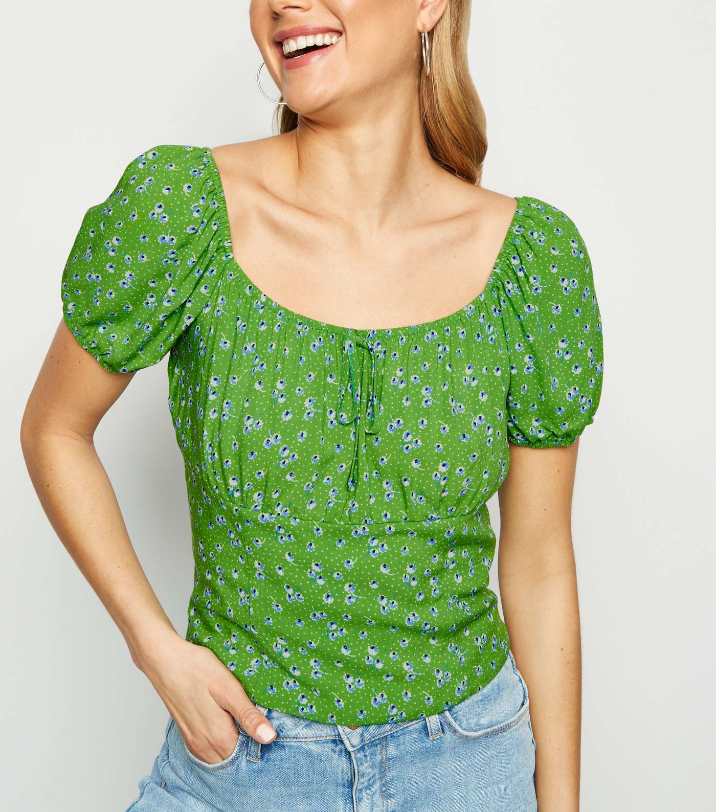 Green Floral Spot Tie Front Top