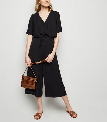 tie neck short sleeve black jumpsuit