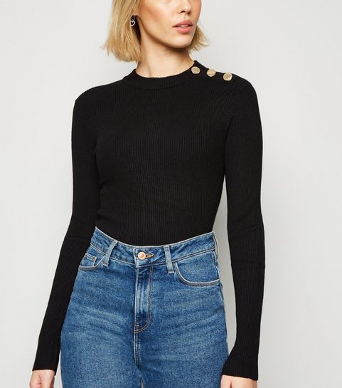 Black High Neck Button Shoulder Jumper