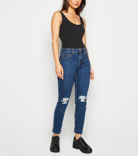 Petite Blue Mid Rise Ripped Skinny Jeans