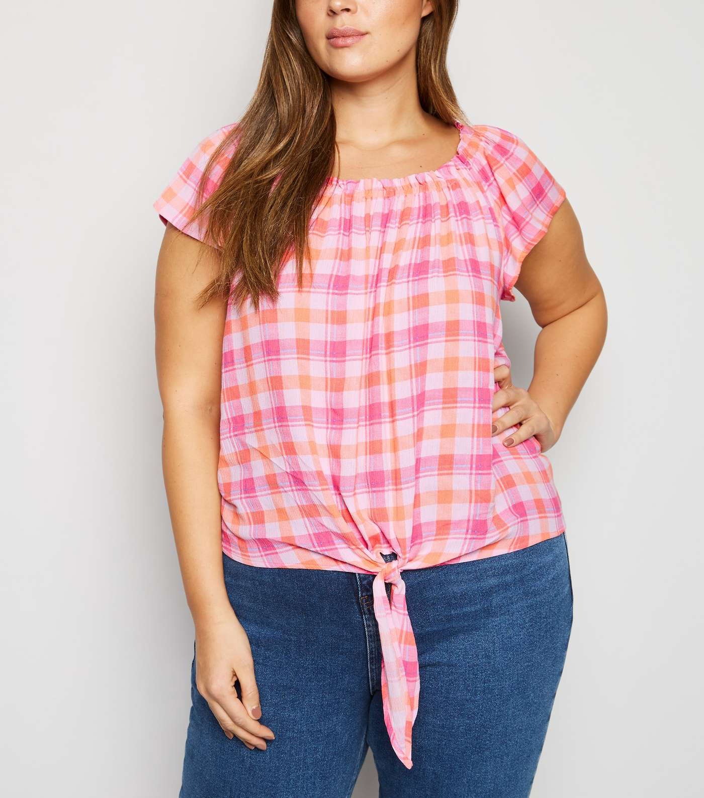 Curves Pink Check Tie Front Top