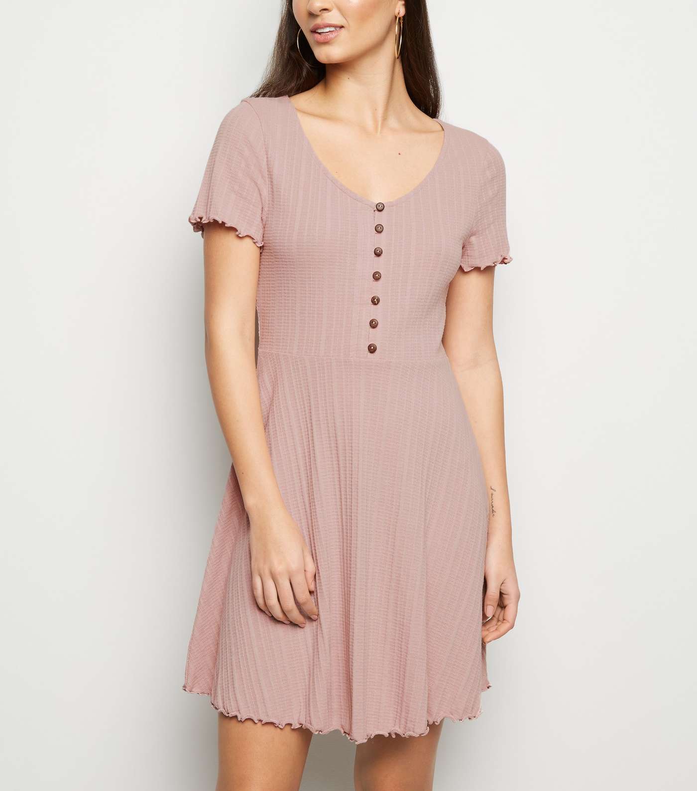 Pale Pink Ribbed Button Up Skater Dress