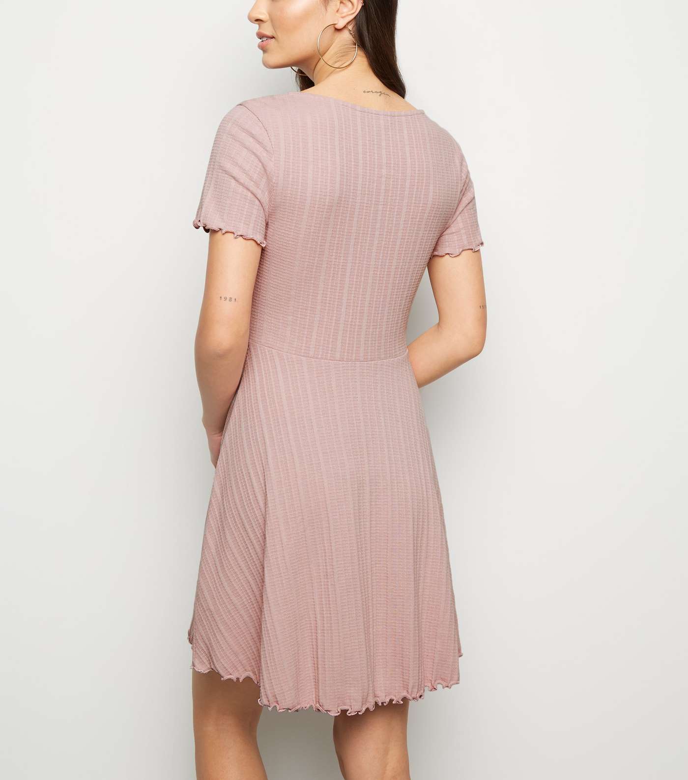 Pale Pink Ribbed Button Up Skater Dress Image 3