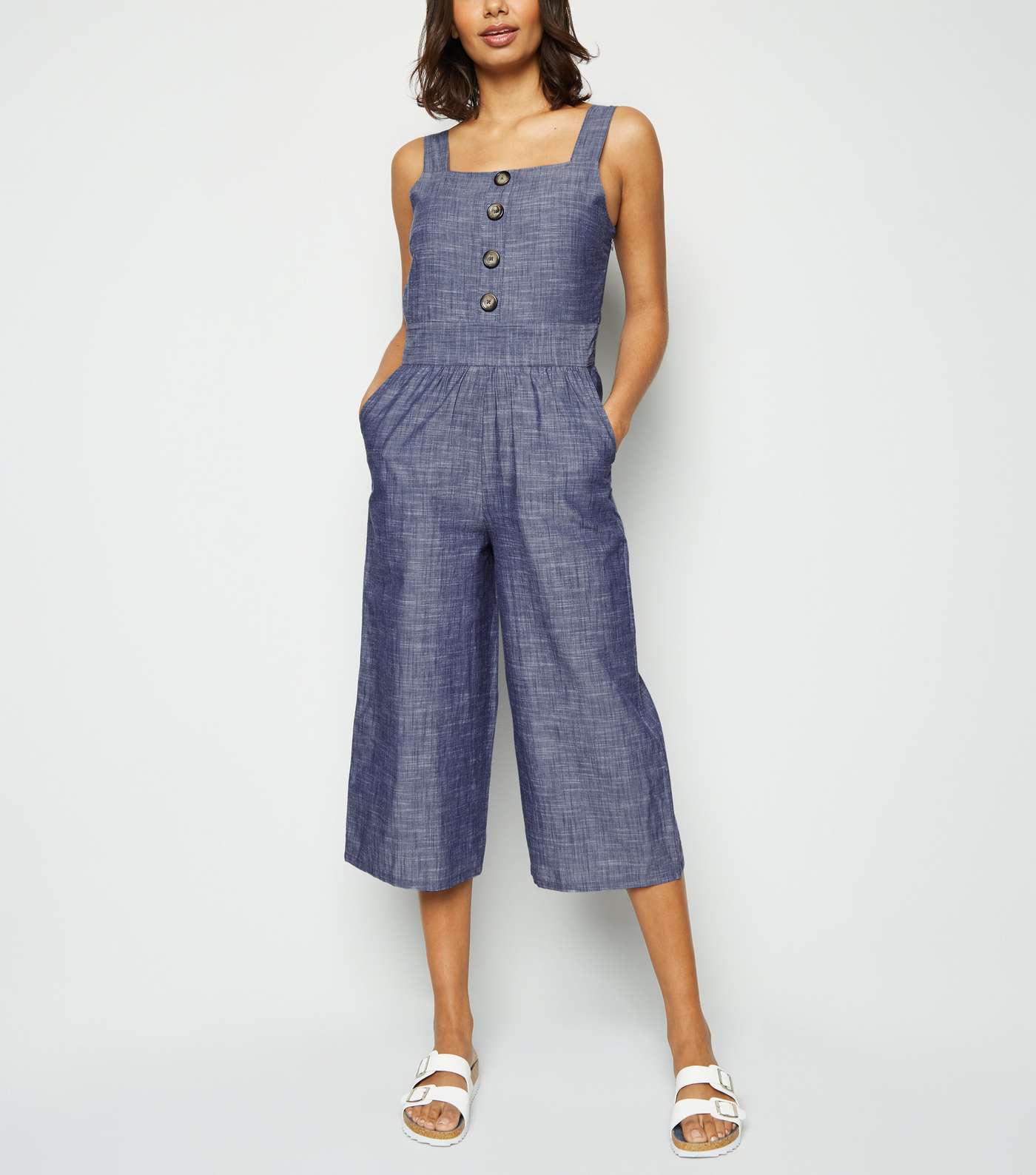 Blue Vanilla Blue Button Front Chambray Jumpsuit