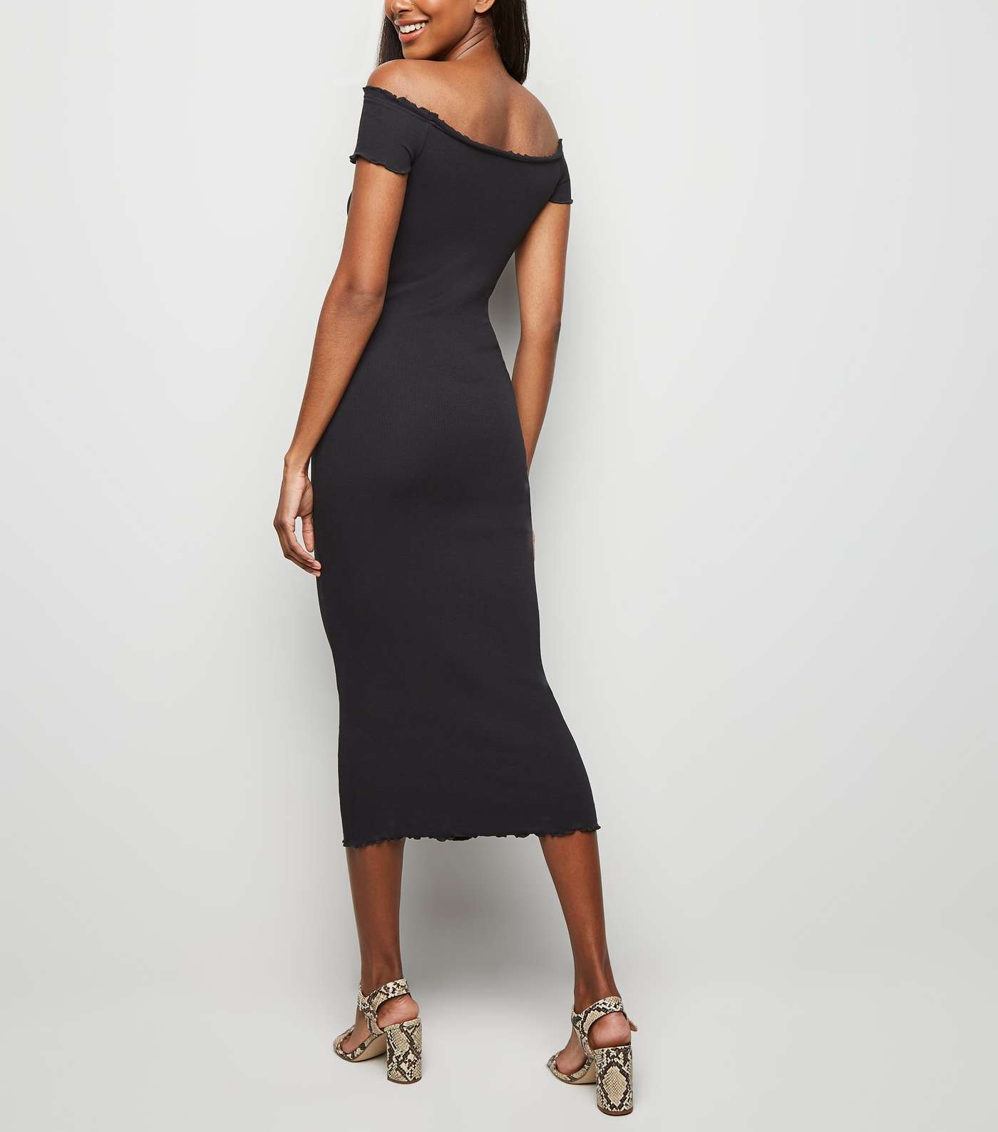 Black Frill Trim Bardot Midi Dress Image 5