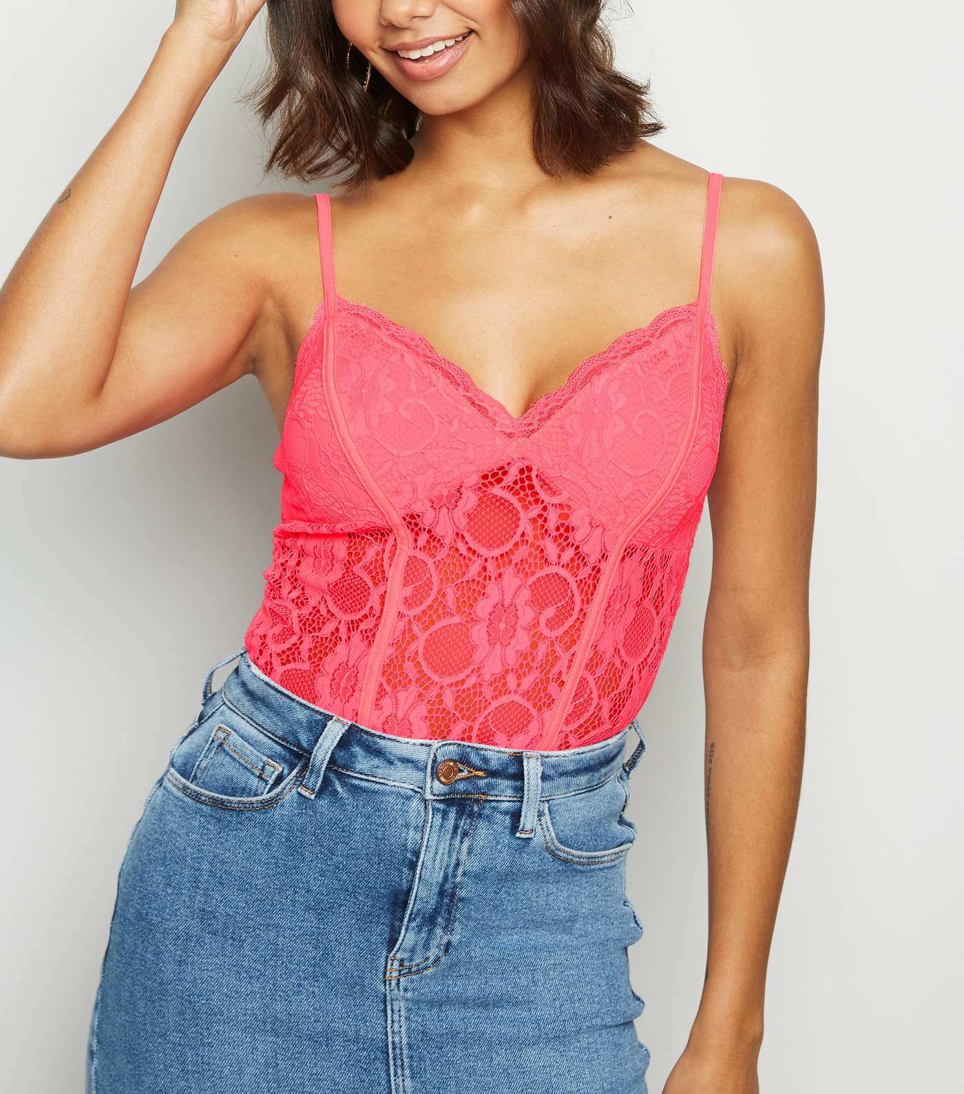 Bright Pink Neon Sheer Lace Bodysuit