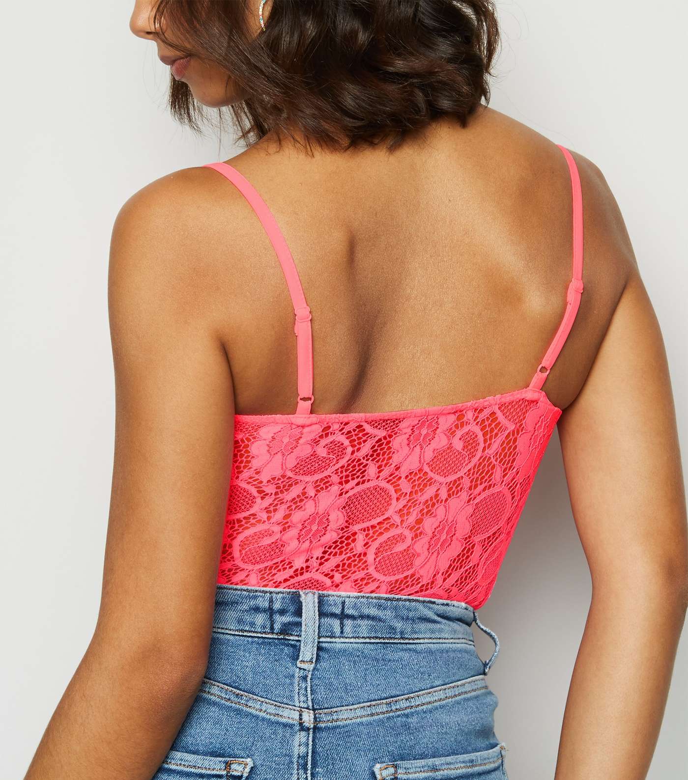 Bright Pink Neon Sheer Lace Bodysuit Image 3