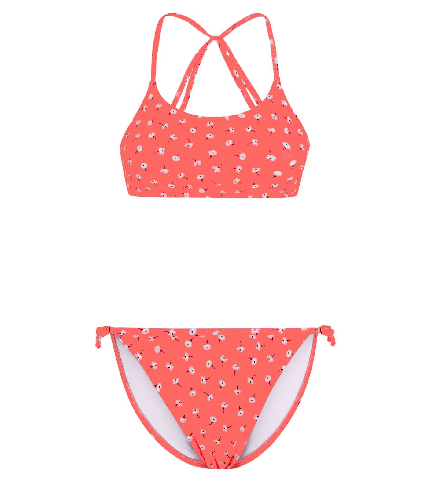 Girls Coral Neon Ditsy Floral Crinkle Bikini Set