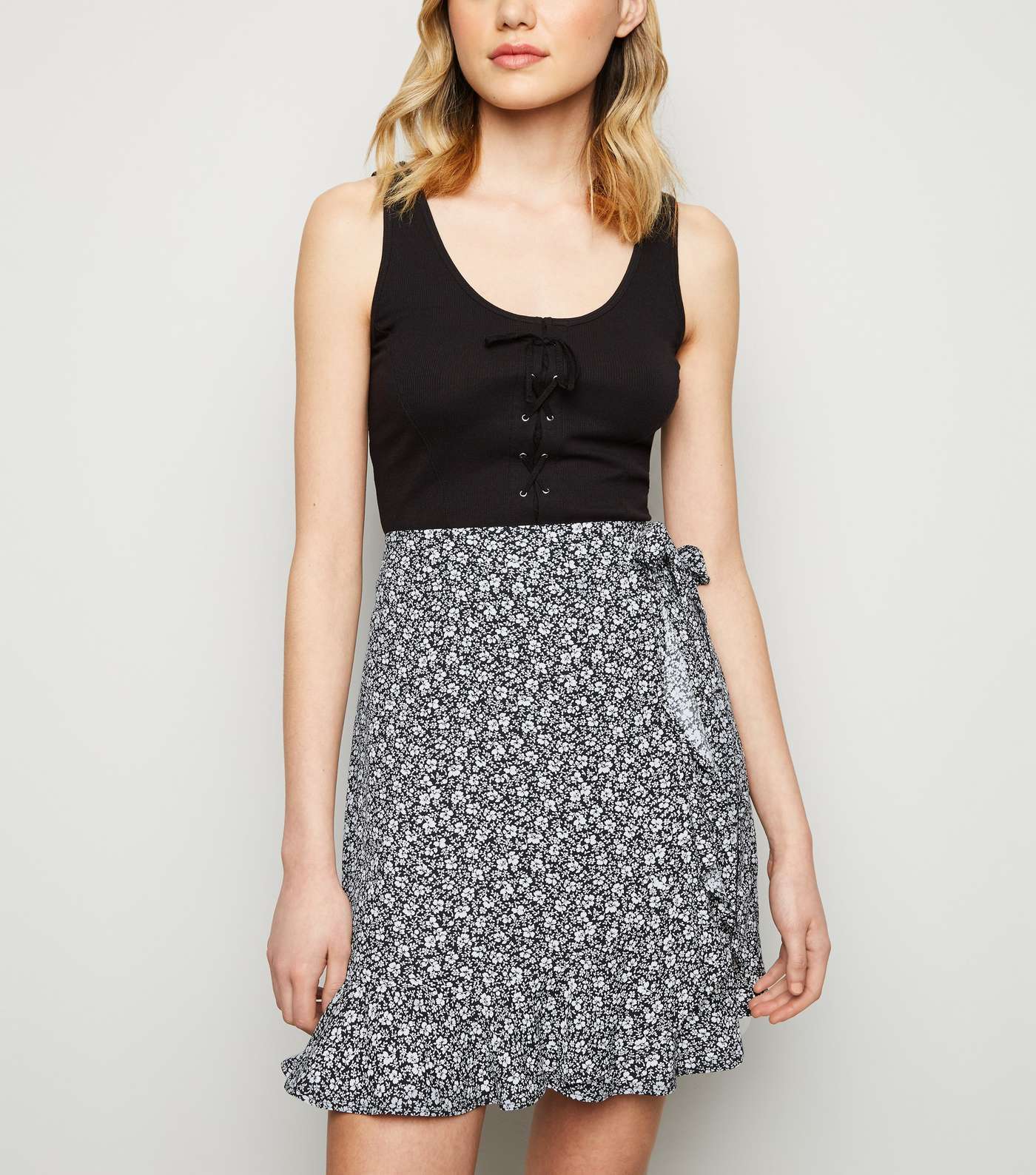 Black Ditsy Floral Wrap Front Mini Skirt Image 3
