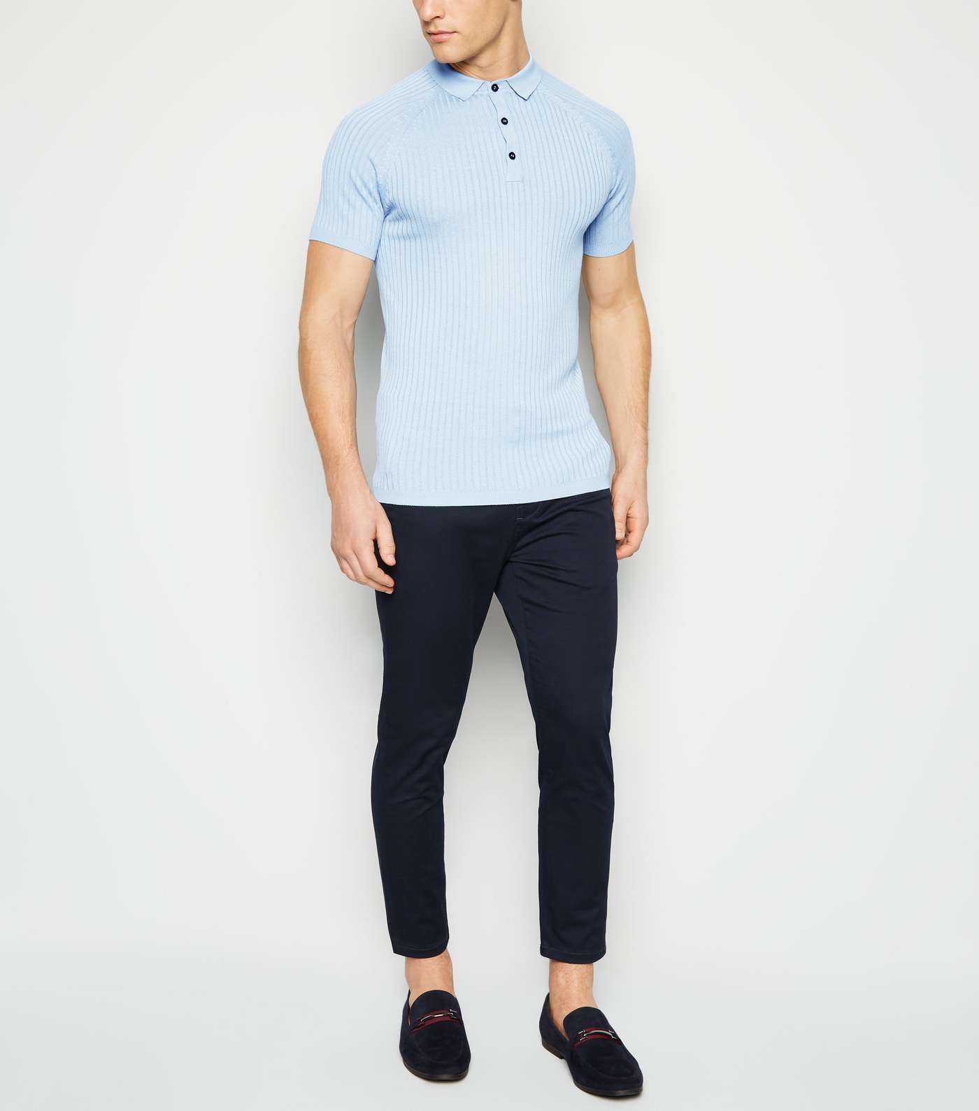 Pale Blue Knit Muscle Fit Polo Shirt Image 2