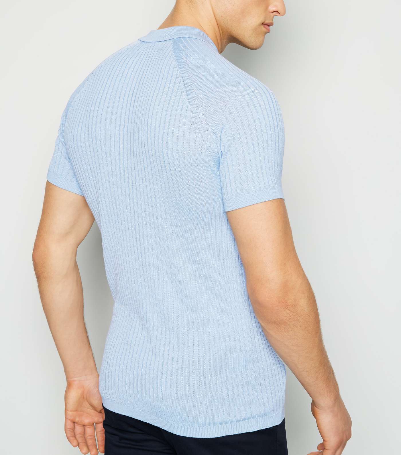 Pale Blue Knit Muscle Fit Polo Shirt Image 3