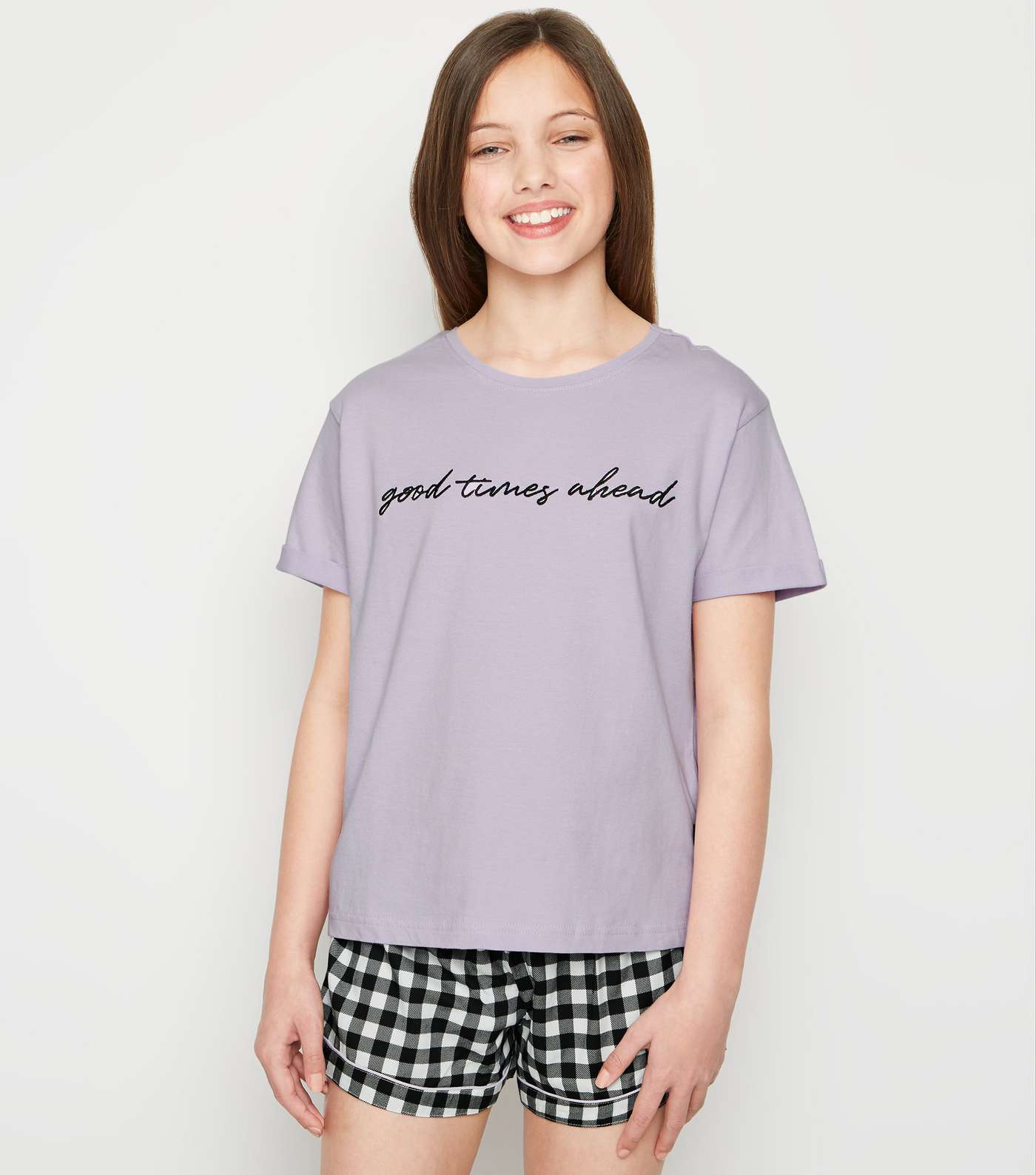 Girls Black and Lilac Gingham Short Pyjama Set