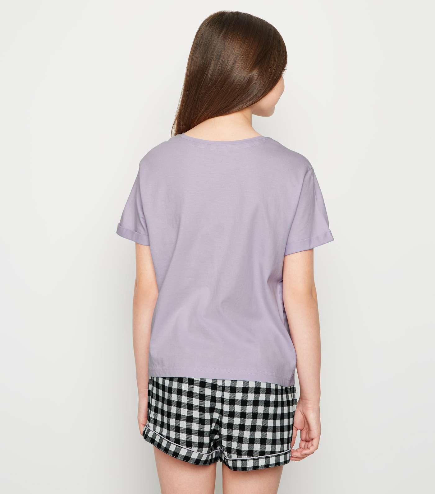 Girls Black and Lilac Gingham Short Pyjama Set Image 3