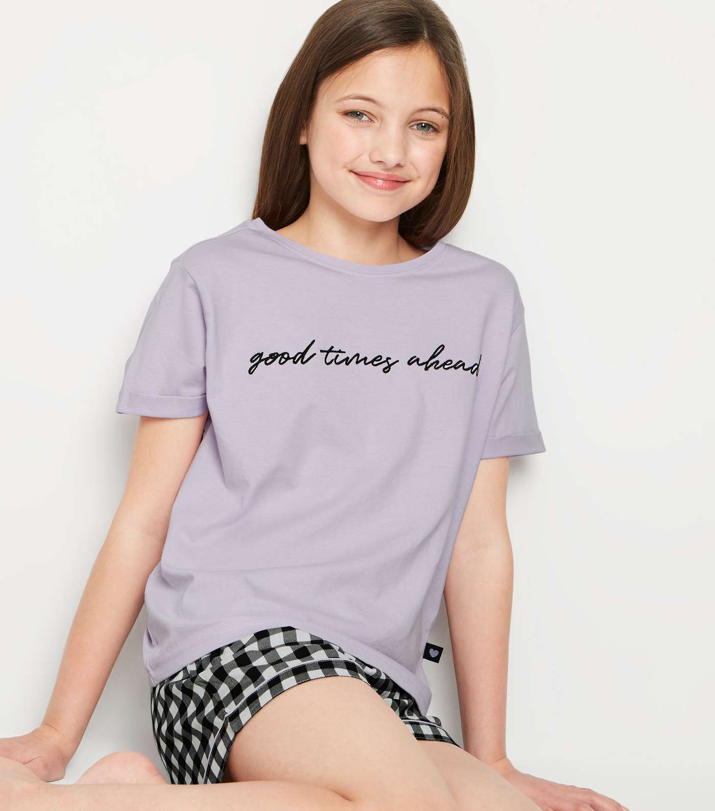 Girls Black and Lilac Gingham Short Pyjama Set Image 5