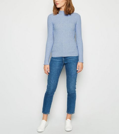 Blue Marl Ribbed Frill Trim Jumper
