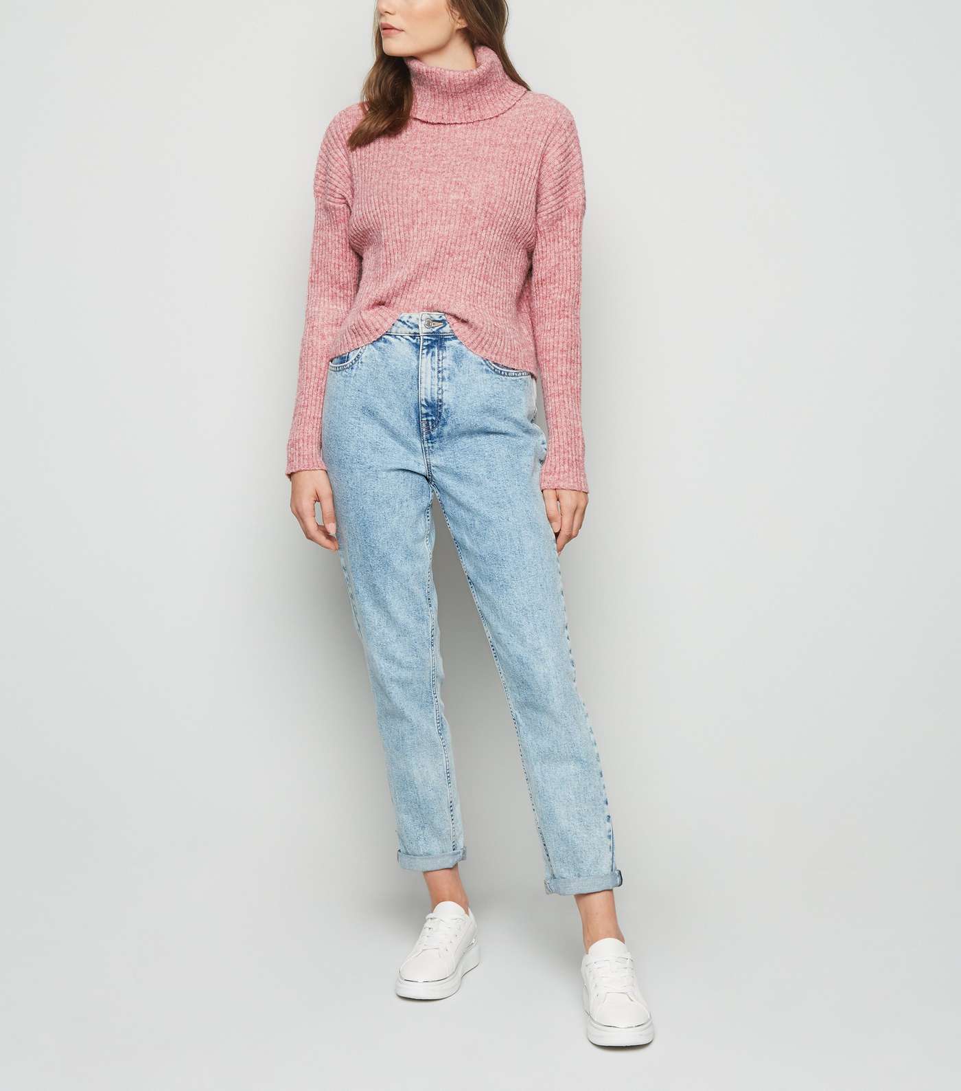 Mid Pink Ribbed Knit Roll Neck Jumper Image 2