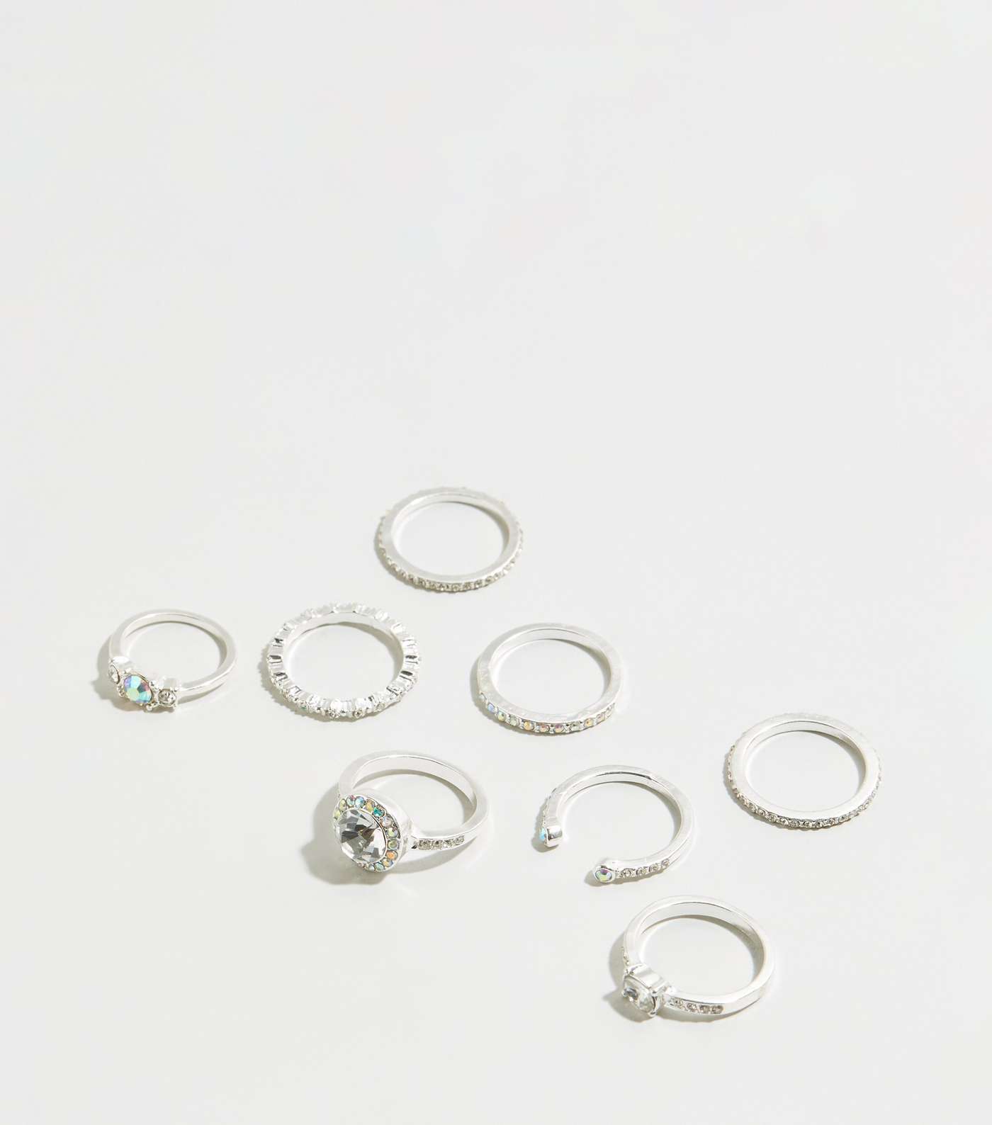 8 Pack Silver Premium Diamanté Rings