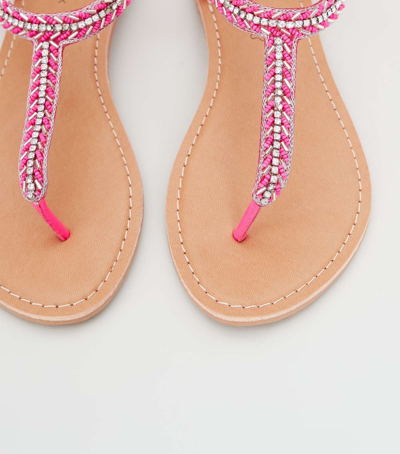 Bright Pink Leather Strap Diamanté and Bead Sandals Image 4
