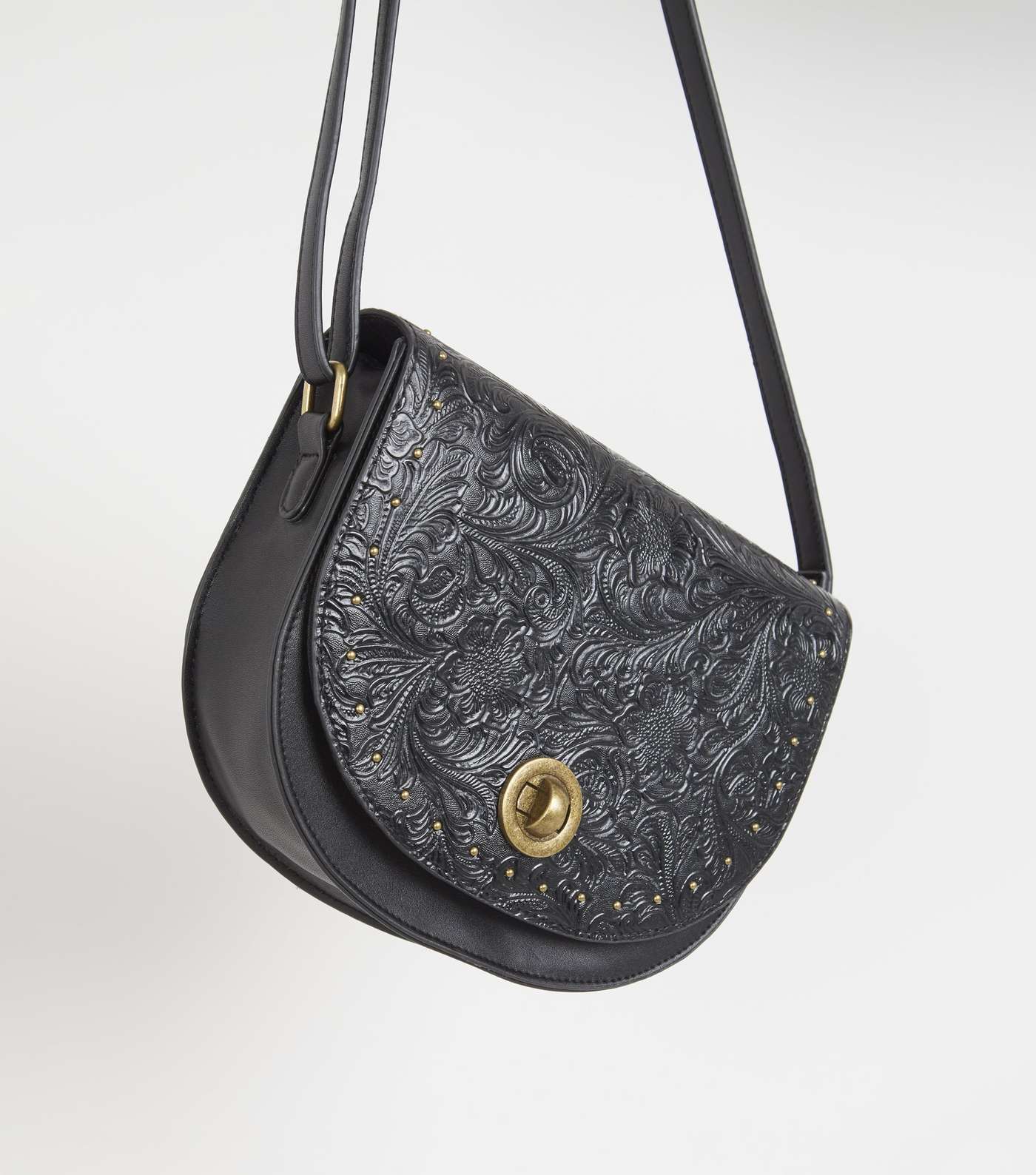 Black Leather-look Floral Embossed Bag Image 3