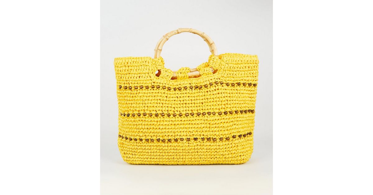 Yellow Straw Effect Beaded Shopper Bag New Look