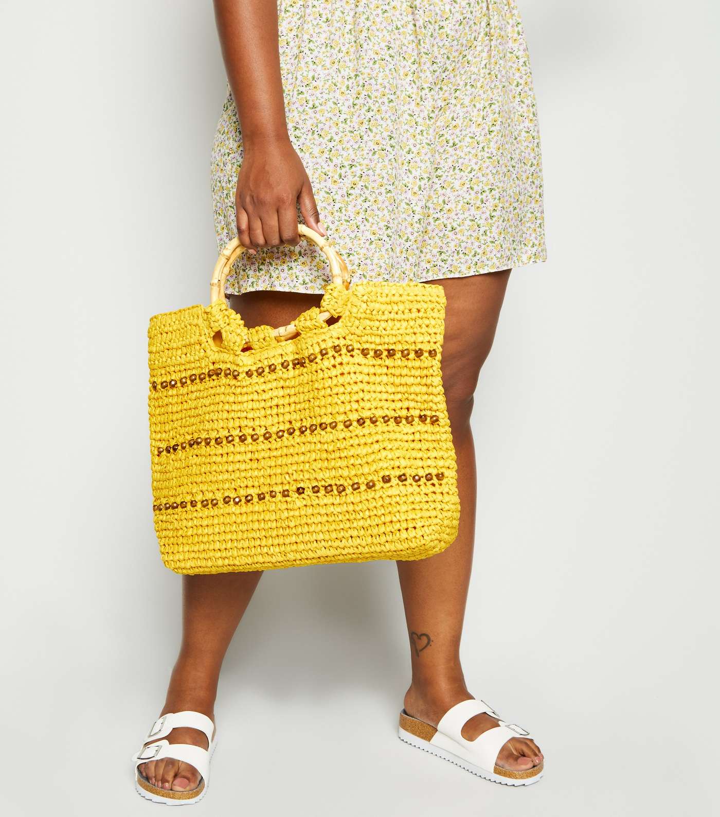 Yellow Straw Effect Beaded Shopper Bag Image 2