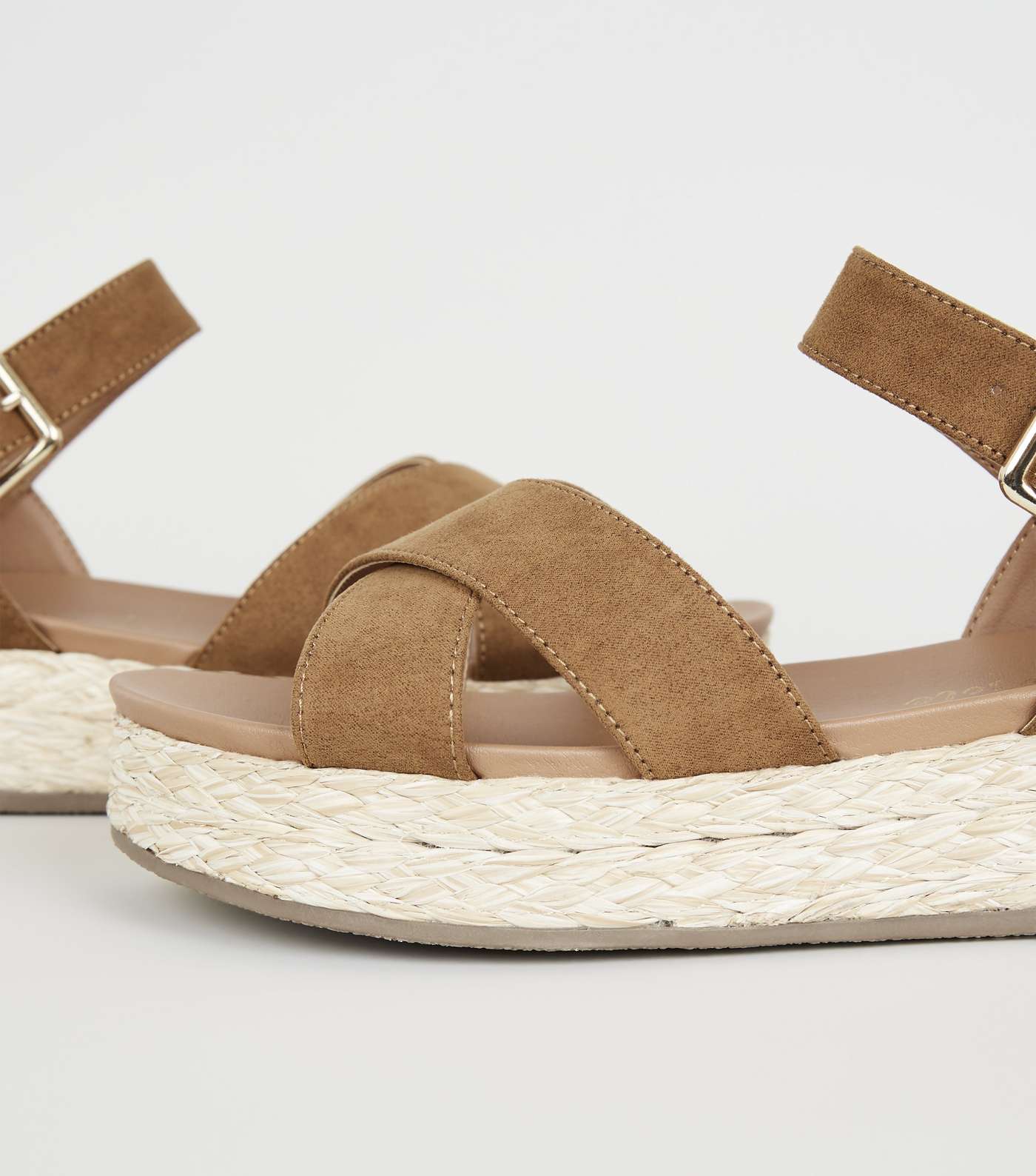 Tan Suedette Woven Raffia Flatform Sandals Image 4