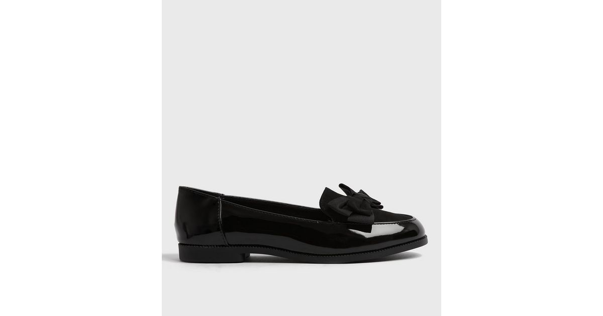 Black Patent Bow Front Loafers New Look