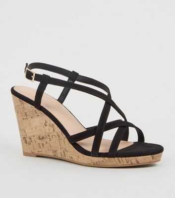 black strappy cork wedges