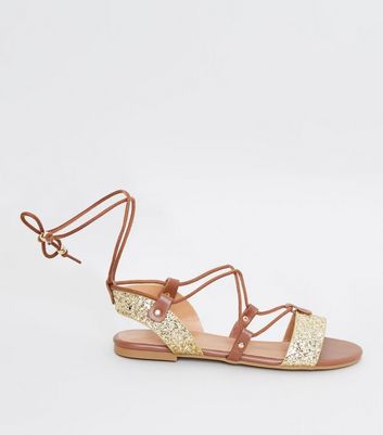 gold ankle tie sandals