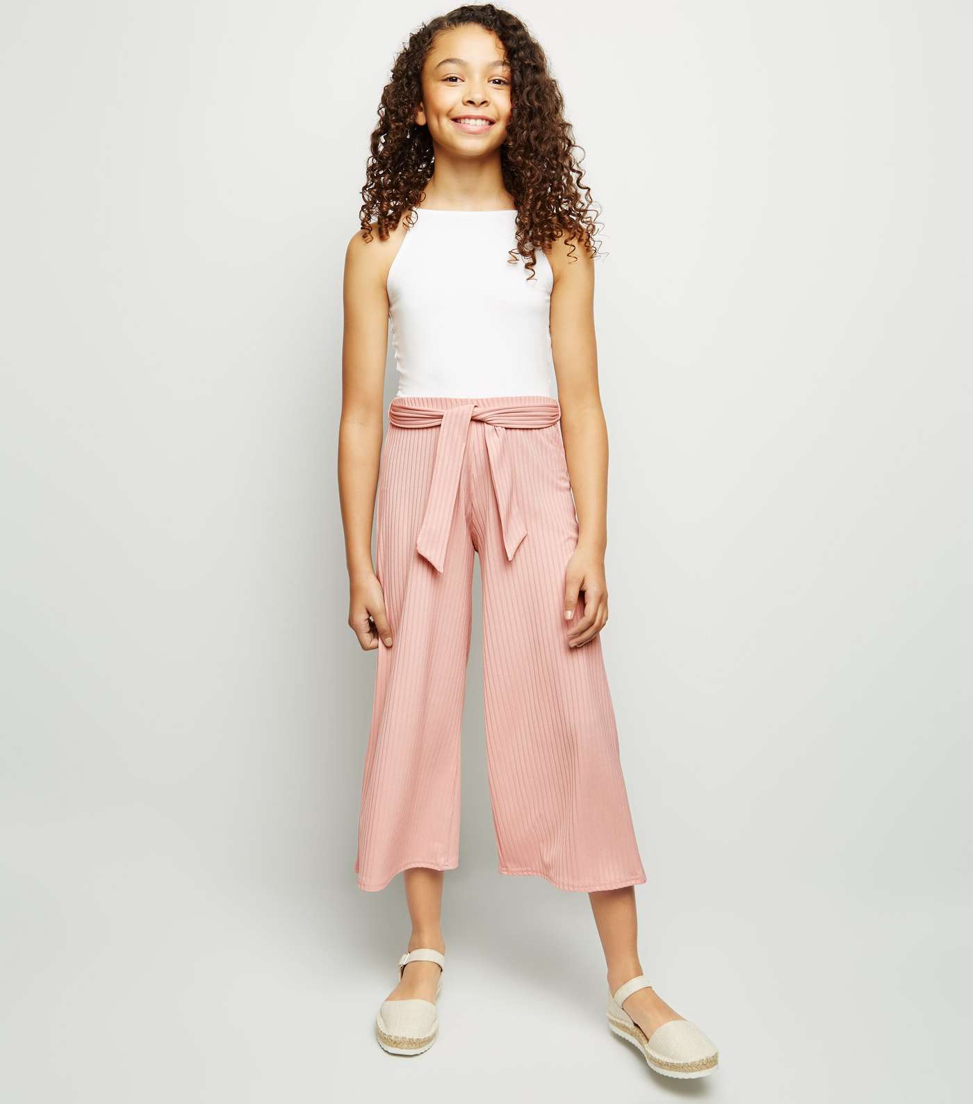 Girls Pale Pink Ribbed Culottes