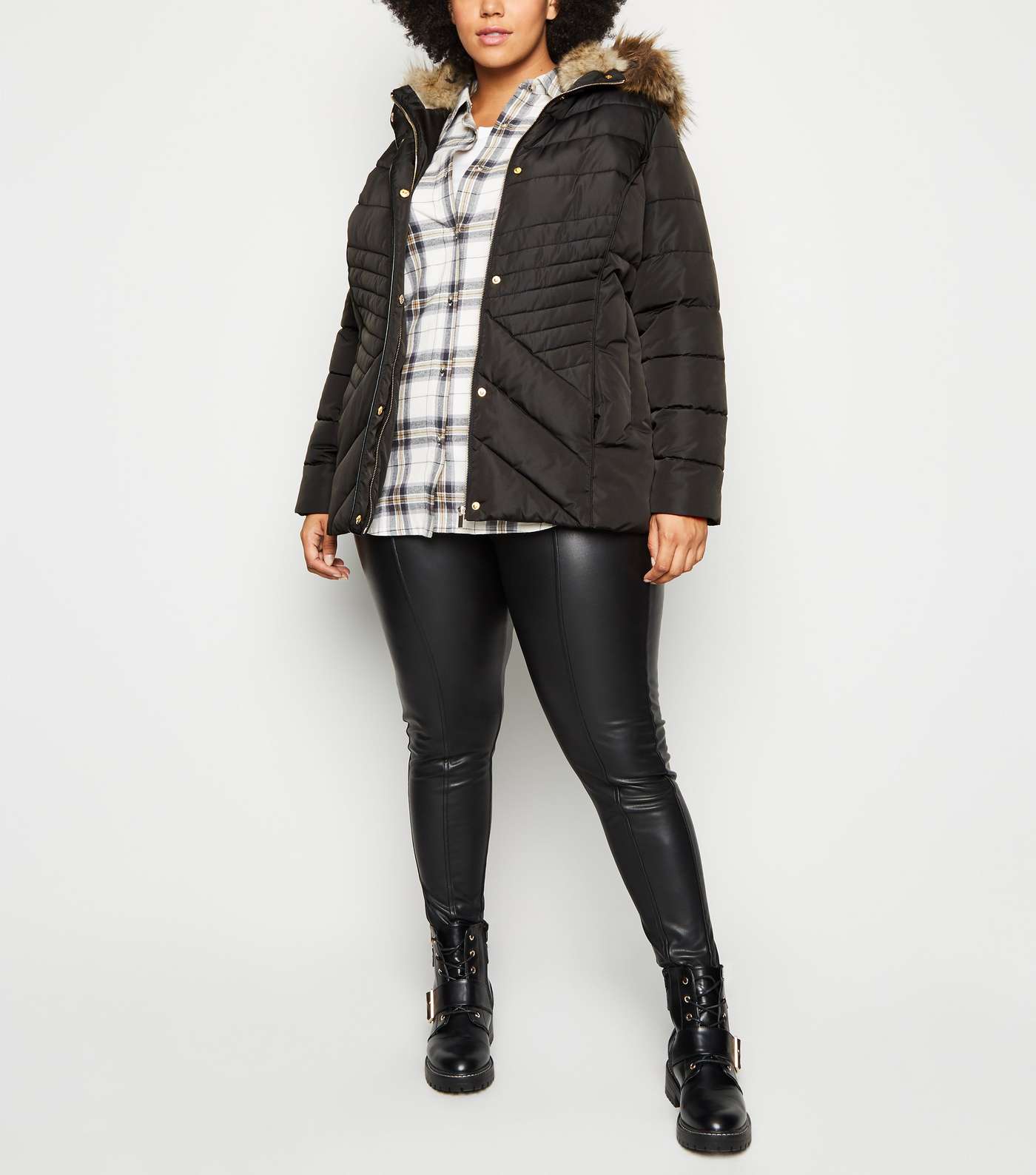 Curves Black Faux Fur Fitted Puffer Jacket