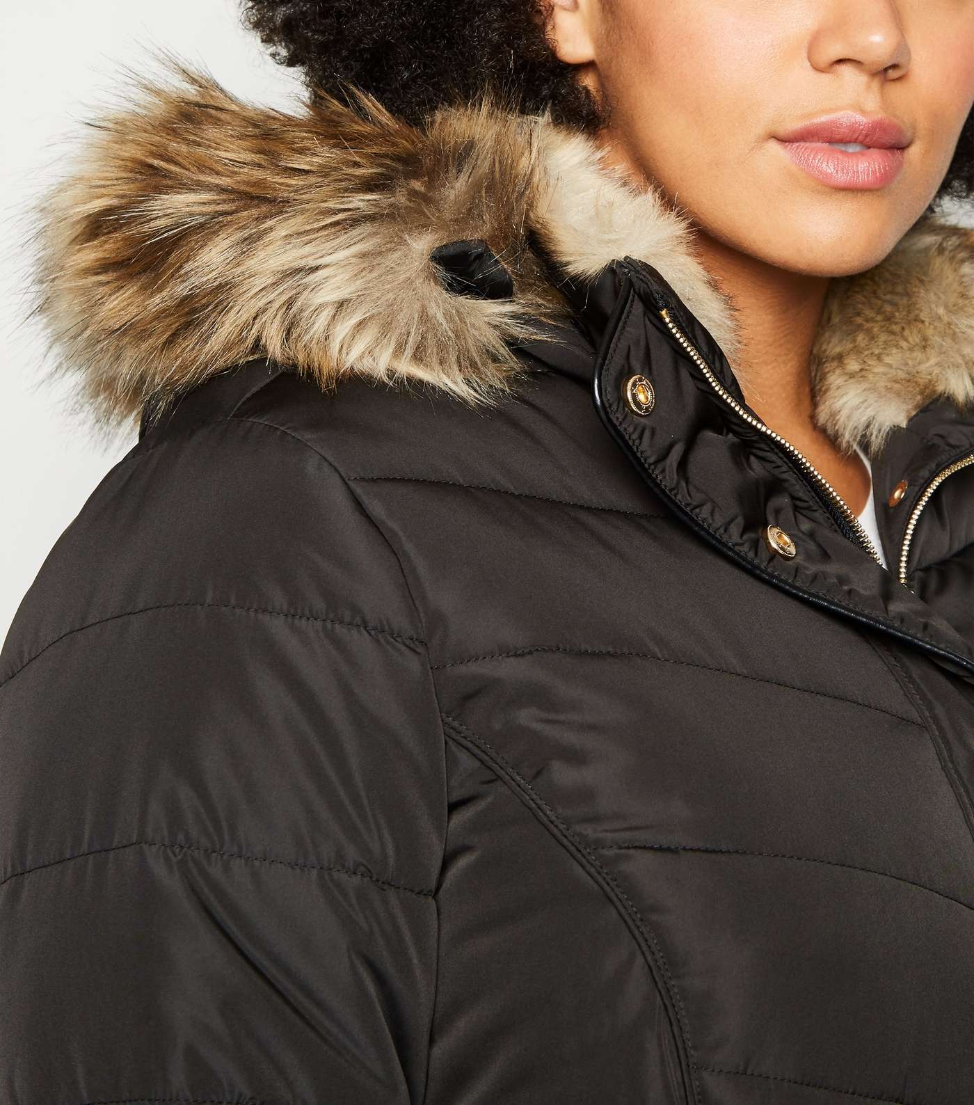Curves Black Faux Fur Fitted Puffer Jacket Image 3