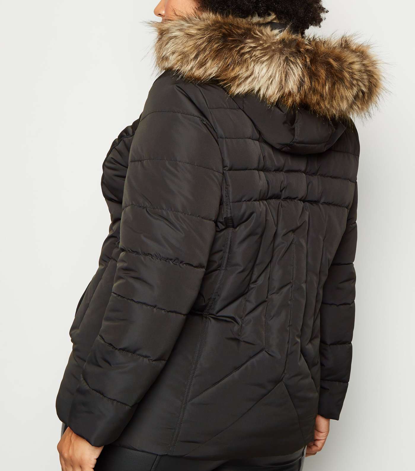 Curves Black Faux Fur Fitted Puffer Jacket Image 5
