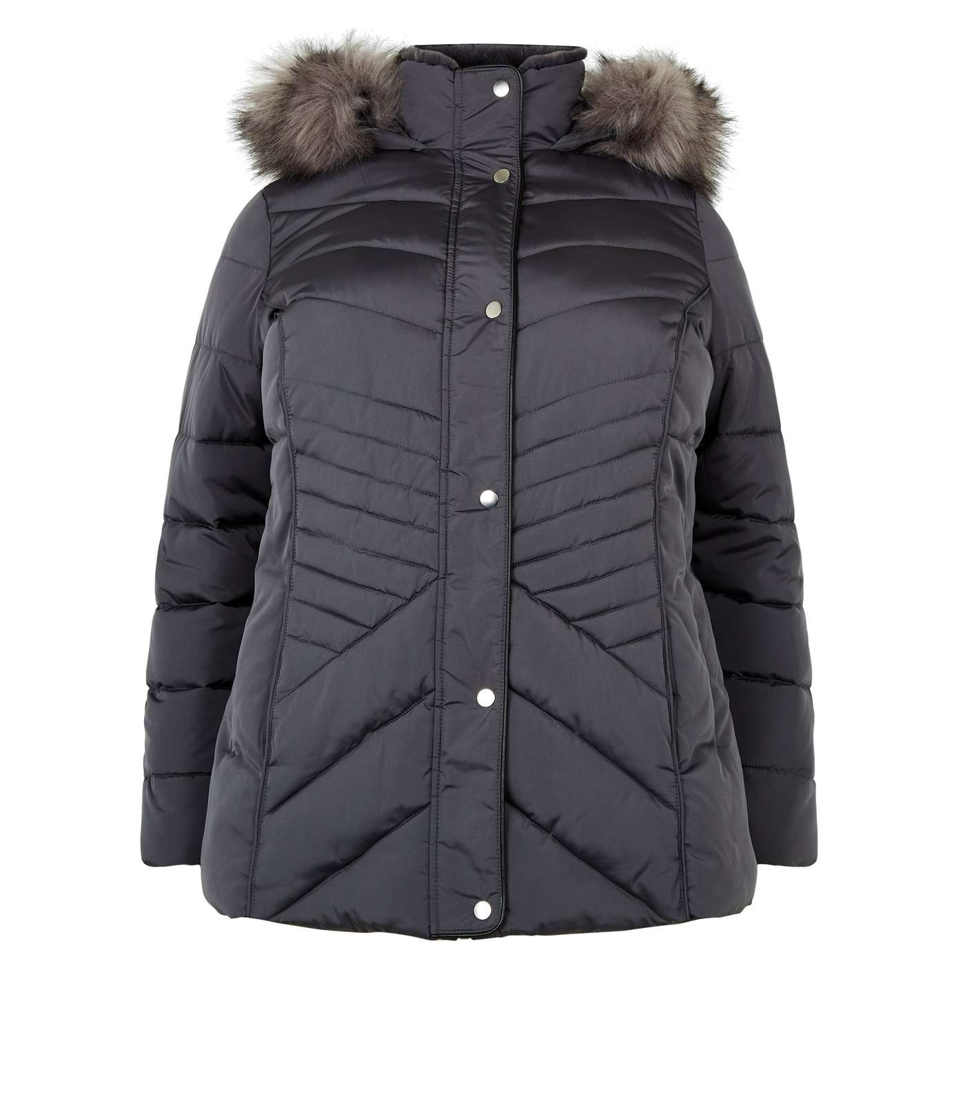 Curves Grey Faux Fur Fitted Puffer Jacket Image 4