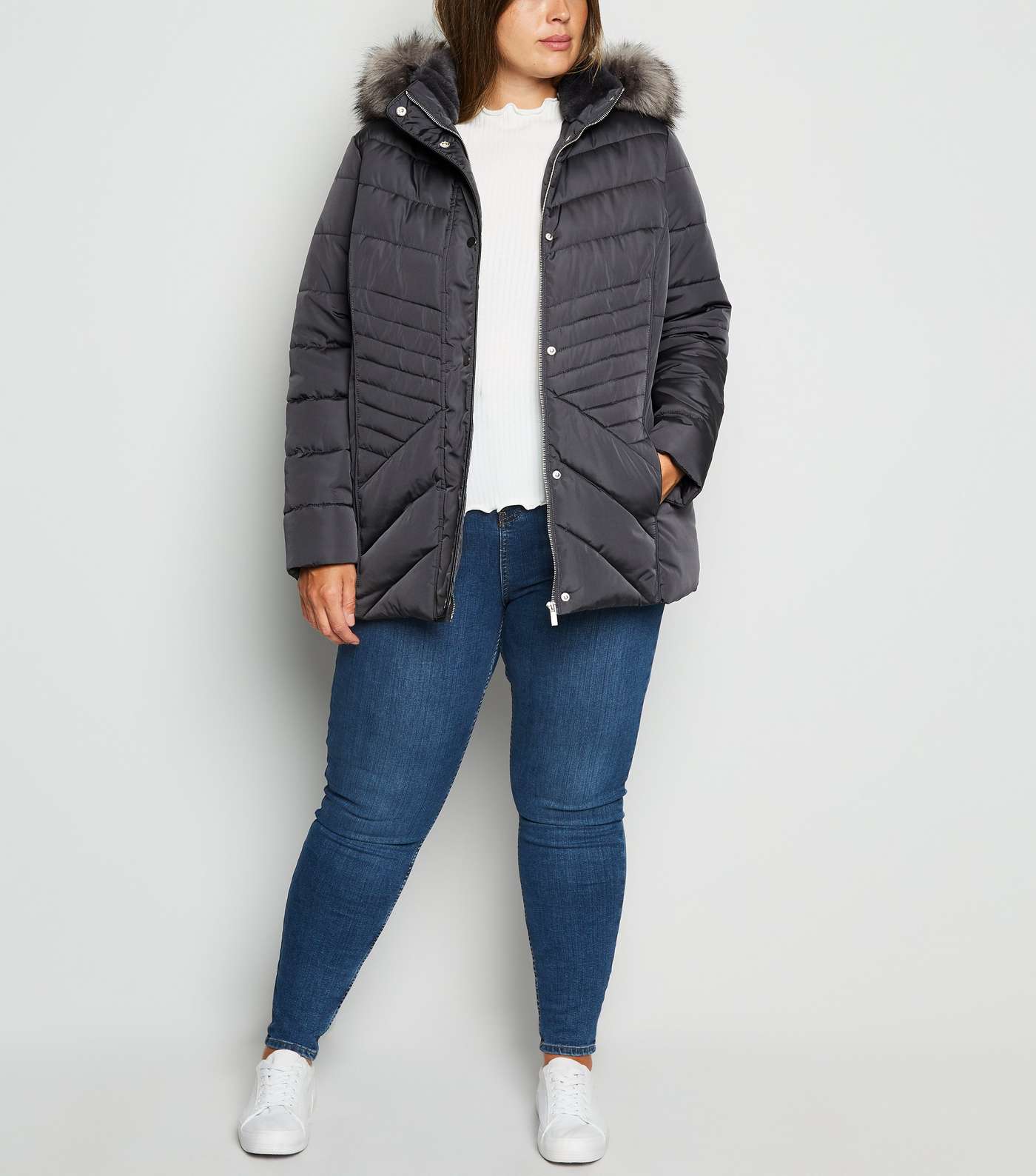 Curves Grey Faux Fur Fitted Puffer Jacket Image 2