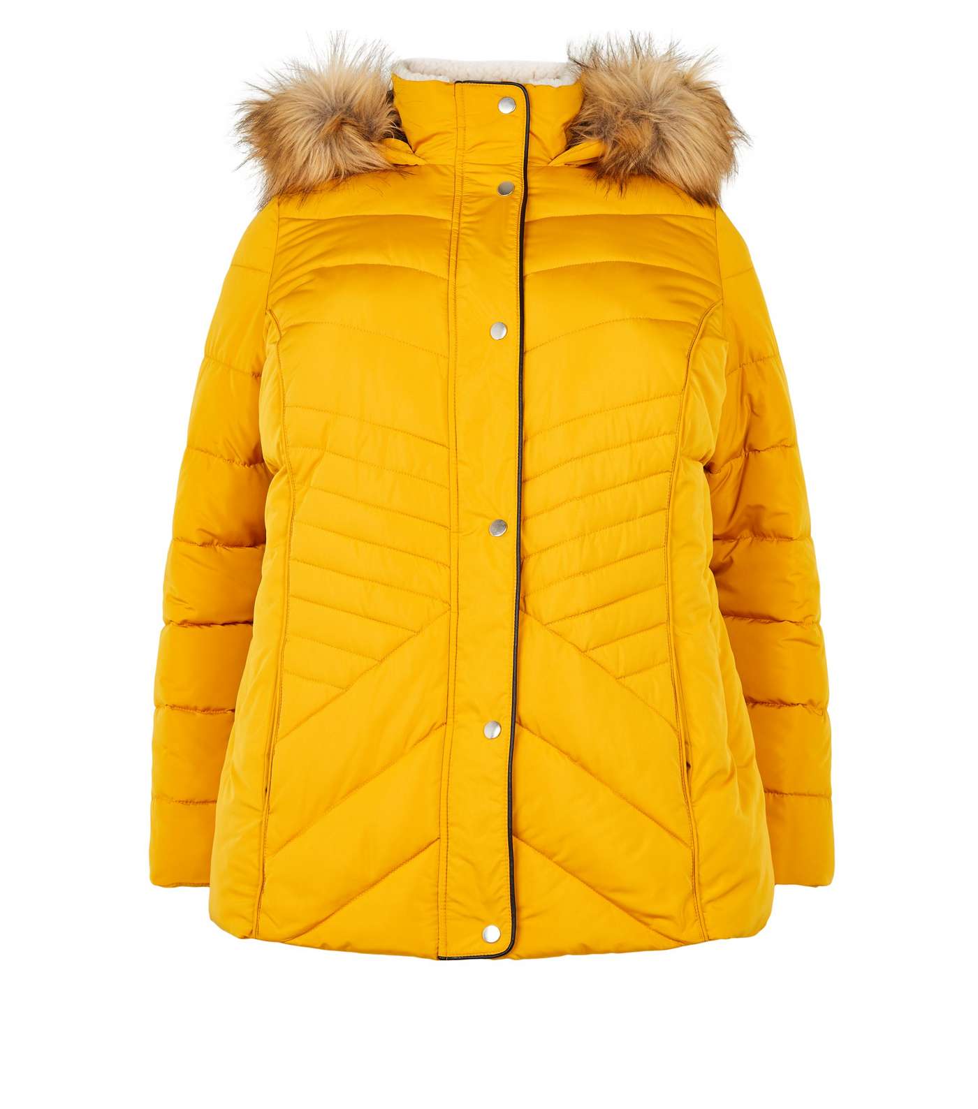 Curves Mustard Faux Fur Fitted Puffer Jacket Image 4