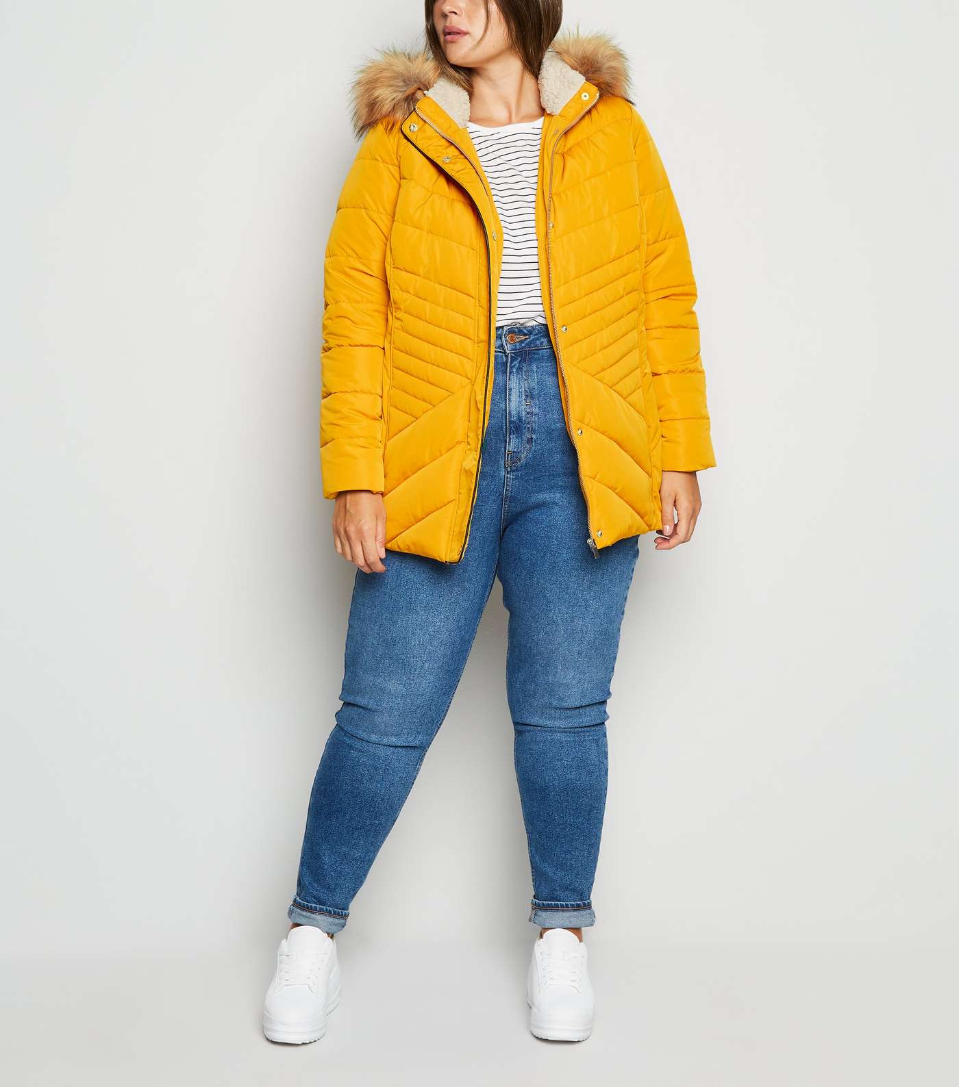 Curves Mustard Faux Fur Fitted Puffer Jacket Image 2