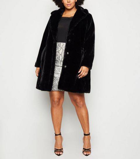 Curves Black Faux Fur Longline Coat