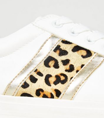 white trainers with leopard print stripe