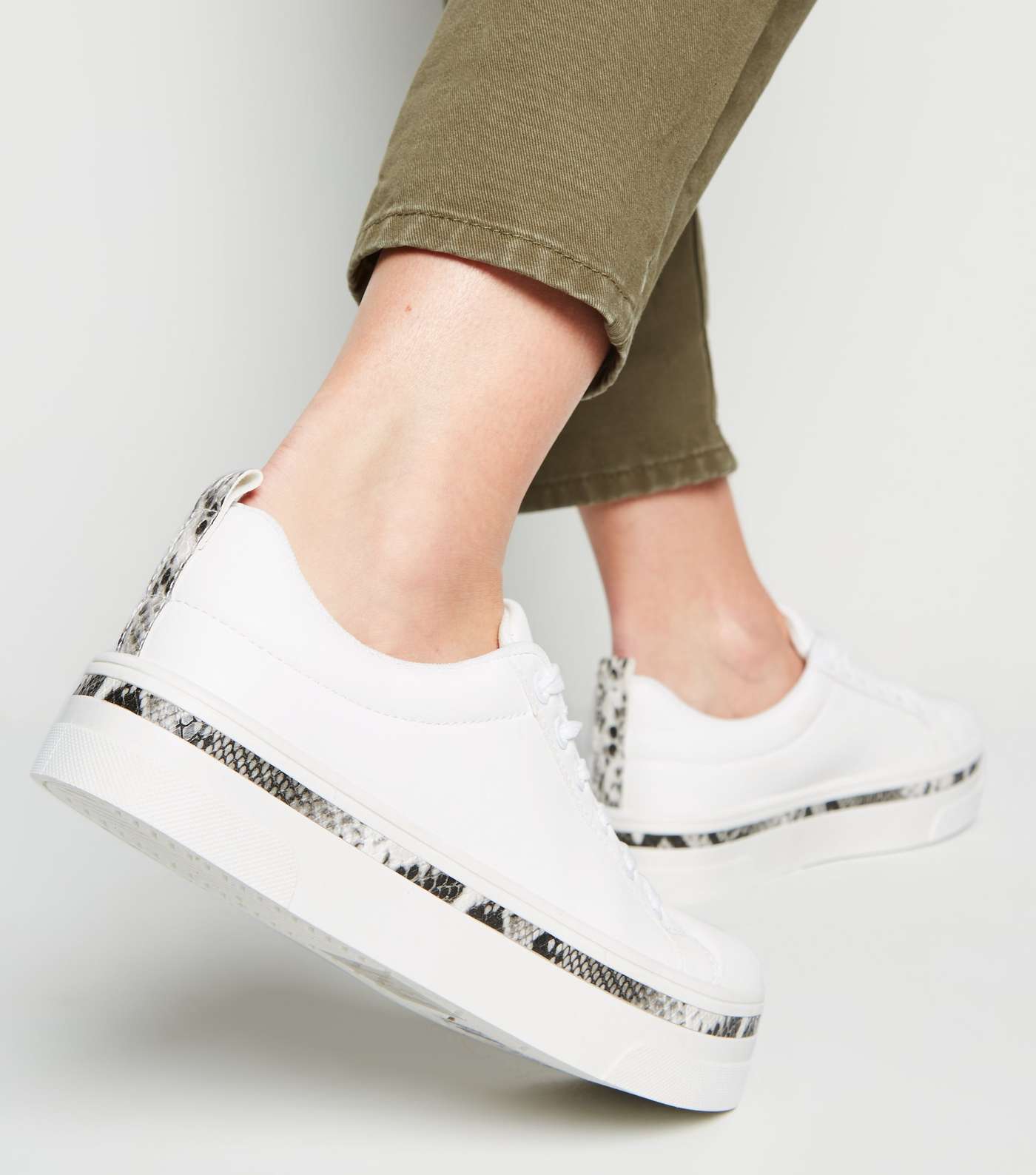 White Faux Snake Trim Lace Up Trainers Image 2