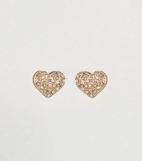 Gold Diamanté Heart Stud Earrings