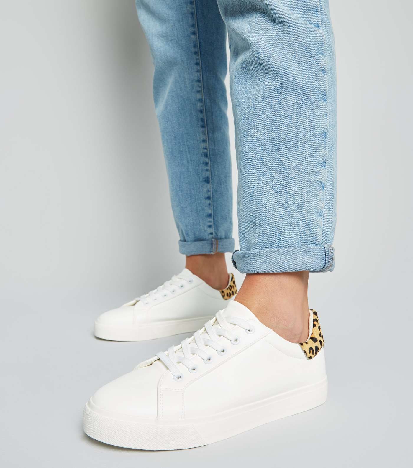 White Leopard Print Leather Back Tab Trainers Image 2